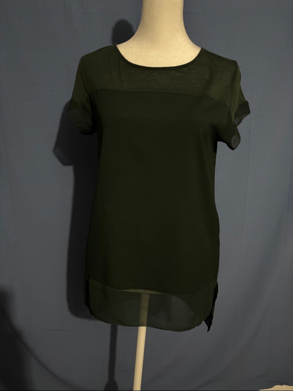 French Connection Dark Olive Short Sleeve Sheer-Panel Blouse